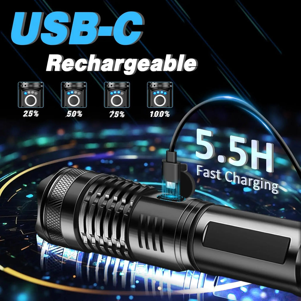 High Power Rechargeable LED Tactical Flashlight Aluminum Alloy Telescopic Zoom Torch Lamp for Outdoor Camping Fishing